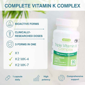 Igennus High Potency Vitamin K Complex, K1 & K2 (MK-4 & MK-7), 90 Capsules - All Trans Bioactive Form for Superior Bone & Cardiovascular Support, 1-a-Day, Clean Label, Vegan