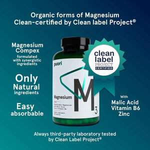 Puori Magnesium Complex Supplement - High Absorption Magnesium Taurinate & Gluconate, Zinc, Vitamin B6 & Malic Acid for Sleep Support, Immune & Bone Health & Muscle Recovery - 120 Vegan Capsules