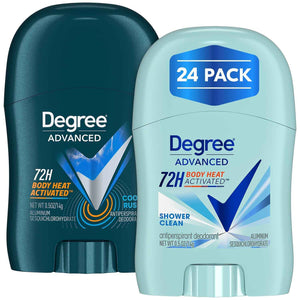 Degree Advanced Travel Deodorant Bulk Variety 24-Pack, 0.5 Oz Ea - 72H Body Heat Activated Mini Antiperspirant Deodorant Bundle - 12 Cool Rush for Men + 12 Shower Clean for Women