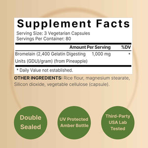 NatureBell Bromelain, 1,000mg Per Serving, 240 Veggie Capsules - 2,400 GDU - Digestive Enzymes & Joint Support Supplement - Proteolytic Enzymes for Digestion, Fresh Pineapple Source - Non-GMO