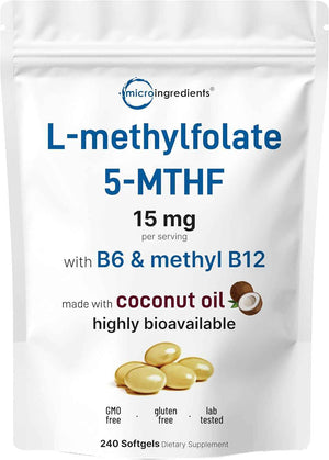 Micro Ingredients L Methylfolate 15mg, 240 Softgels - Active 5-MTHF with B6 & Methyl B12 - Methylated Vitamin B9 with Coconut Oil