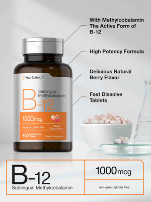 Horbaach Vitamin B12 1000 mcg Sublingual - 400 Fast Dissolve Tablets - Methylcobalamin Supplement for Women and Men