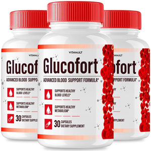 Three bottles of Glucofort supplement with red and white labels on a white background