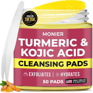 Turmeric Kojic Acid Cleansing Pads for Face Dark Spots - Hydrates & Plumps - With Vitamin C & E, Sensitive Skin Friendly (50 Pads)