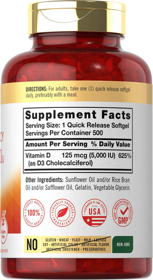 Carlyle Vitamin D3 5000 IU Softgels - 500 Count - Value Size - Non-GMO and Gluten Free Supplement - High Potency Formula - 125mcg