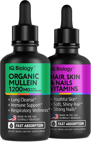 IQ BIOLOGY Organic Mullein + Liquid Hair, Skin & Nails Vitamins - 2-Pack Fast-Absorbing Drops - Respiratory Cleanse & Beauty Support - 2 fl oz Each