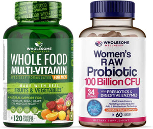 Wholesome Wellness Food Multivitamin for Men + Dr. Formulated Raw Probiotics for Women 100 Billion CFUs Bundle