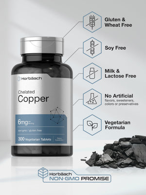 Horbäach Chelated Copper Supplement 6mg - 300 Tablets - Essential Trace Mineral - Vegetarian, Non-GMO, Gluten Free