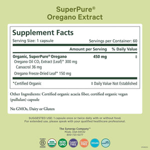 PURE SYNERGY SuperPure Oregano Extract - Oregano Oil Extract Capsules - Organic Oil and Leaf Supplement - for Immune, Digestive, and Respiratory Health (60 Capsules)