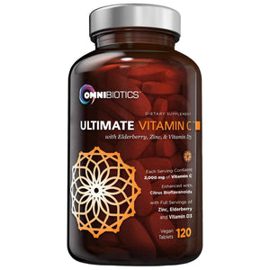 OmniBiotics Ultimate Vitamin C Supplement 2000mg - with Zinc, Elderberry Extract, and D3 - High Potency Immune Support & Collagen Booster - 120 Vegan Tablets