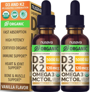 NUSAVA Vitamin B12 Liquid Drops, Strawberry Flavored D3 K2 & Vanilla Flavored D3 K2 Bundle - Daily Wellness Liquid Vitamins for Energy & Immune Support - Non-GMO, Gluten-Free, 2pk Each