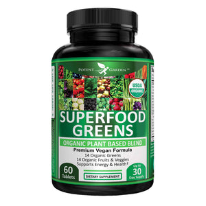 Potent Garden Organic Superfood Greens, Fruit and Veggies Supplement Rich in Vitamins & Antioxidants with Alfalfa, Beet Root & Tart Cherry to Boost Energy, Immunity & Gut Health, Greens Tablets 60 Ct