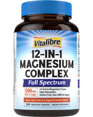 Vitalibre 12 in 1 Magnesium Complex 500mg for Women Men, 120 Vegan Capsules - Max Absorption Chelated Magnesium Glycinate Citrate Malate & More for Bone, Nerve & Digestive Support - Non-GMO