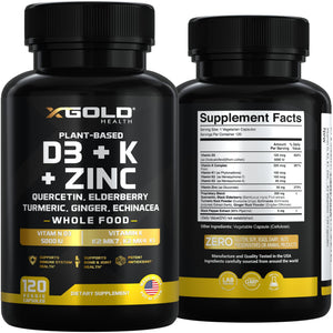 Vitamin D, K2, K1, Zinc, Quercetin, Elderberry, Turmeric, Ginger & Echinacea Whole Food Supplement 8 in 1- D3 5000 IU Plant-Based from Lichen, Vitamin K (K2 MK7, MK4, K1), D3 K2 Vitamins -120 Capsules X Gold Health buy supplements Au