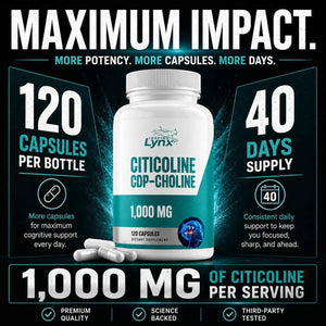 Leaping Lynx Citicoline 1000 mg (CDP Choline) Capsules - 120 Count - CDP Choline Supplement for Brain, Focus & Memory Support - Nootropic Choline Supplement - Non-GMO, ISO-Certified