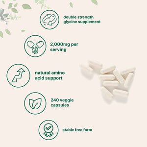 Glycine 2,000mg Per Serving, 240 Veggie Capsules - Free Form - Double Strength Amino Acids - Restful Sleep and Neurotransmitter Support Supplements - Non-GMO, Gluten Free