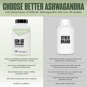 NutraBio Ashwagandha KSM-66 - Ashwagandha Herbal Supplement for Stress, Mood, & Performance - 600 MG of Clinically Studied KSM66 60 Capsules