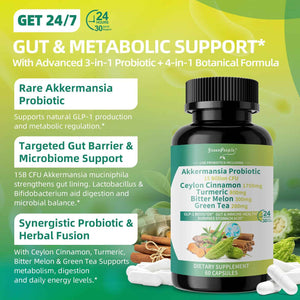 GREENPEOPLE Akkermansia Probiotics 15B CFU for Gut Function, 60CT Probiotics Supplement with Ceylon Cinnamon, Turmeric - Digestive Health & Metabolic Support
