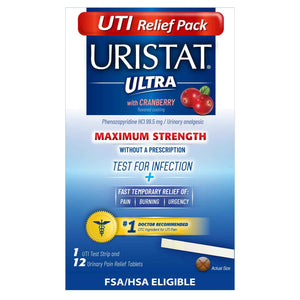 Uristat Ultra Strength Urinary Tract Infection Treatments and Test Relief Kit - 1 UTI Test Strip & 12 Cranberry Flavor Relief Tablets to Ease Urinary Pain, Burning & Urgency
