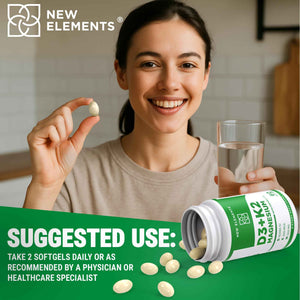 New Elements Vitamin D3 K2 10,000 IU with Magnesium Glycinate 500mg - Bone Health, Immune Support, Energy & Mood - Non-GMO, Gluten-Free