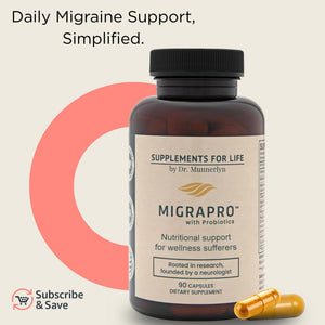 Dr. Munnerlyn MigraPro with Probiotics, Brain and Gut Health Support Supplement with Magnesium, Riboflavin, CoQ10, Ginger Root, Asian Ginseng, Vitamin C, Feverfew & Turmeric, Gluten Free, 90 Capsules Dr. Munnerlyn buy supplements Au