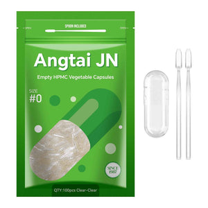 Angtai JN Size 0 Capsules Empty Vegan Plant Based Clear (100 Count) Gluten Free, Non-GMO, Halal Certified Pill Caps Filling Kit with 2 Spoons for Vegetarian DIY Your Own Supplements
