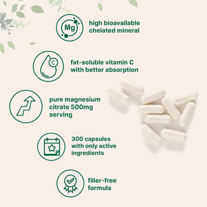 Pure Magnesium Citrate Supplements 500mg, 300 Capsules - Fat-Soluble Vitamin C Added - 100% Chelated - Only Active Ingredients