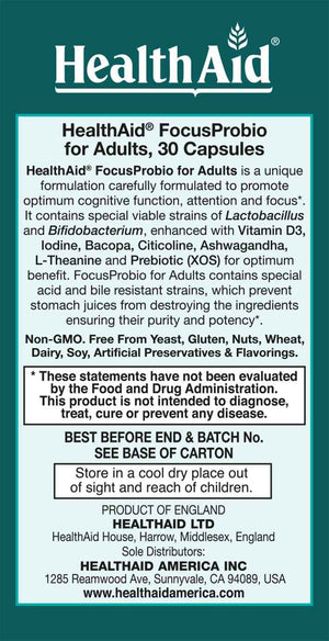 FocusProbio for Adults - 10 Billion CFU Probiotic with Prebiotic, Bacopa, Citicoline, L‑Theanine, Ashwagandha & Vitamin D₃ - Supports Focus, Mood & Gut-Brain Balance - Vegetarian, Once Daily