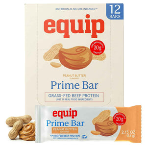 Equip Foods High Protein Prime Bars - Grass Fed Beef Protein, Collagen & Tallow - Gut Friendly, Gluten Free 20g Protein Bars - Only Real-Food Ingredients - On-the Go Snack - Peanut Butter, 12 Count