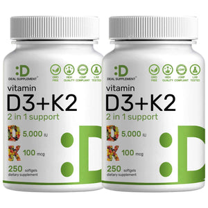 DEAL SUPPLEMENT Vitamin D3 5,000 IU + K2 MK7 Softgels, 250 Count - 2-in-1 Complex - Easy to Swallow