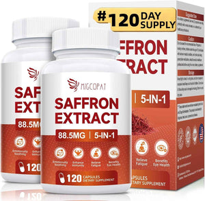 Migcopat Happy Saffron Supplement 2 Pack, 5 in 1 Saffron Capsules with Ginseng, Goji Berry & Chrysanthemum - Supports Memory, Focus, Mood, Energy, Emotional Balance & Eye Health