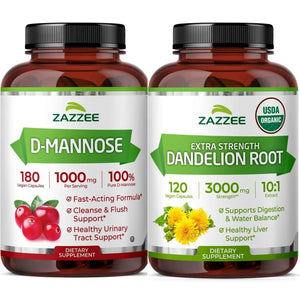 Zazzee Urinary Tract Cleanse & Detox Bundle | USDA Organic Dandelion Root Extract Capsules Plus D-Mannose 1000mg Capsules for UT & Bladder Cleansing ZazzeeBuy Supplements Australia
