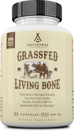 Ancestral Supplements Grass Fed Beef Living Bone Supplement, 180 Ct - Grassfed bone meal capsule supporting calcium and phosphorus absorption, bone, oral and joint health & flexibility.