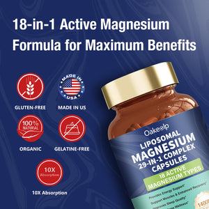 29-in-1 Liposomal 18 Active Types Magnesium Complex 1400MG Capsule,L-Threonate Glycinate Malate etc,Mild & Efficient,Extra Vitamin B6 B12 D3K2 & CoQ10, Relaxation Nerve* & Hert* Support Oakevlp buy supplements Au