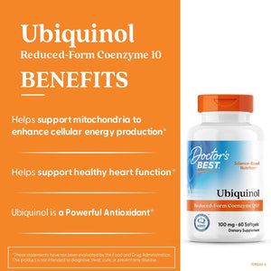 Doctor's Best Kaneka Ubiquinol 100 mg Supplement for Men & Women - Reduced Form CoQ10, Coenzyme Q10 100mg for Antioxidant & Heart Health Support, Non GMO, Gluten Free, Soy Free - 60 Softgels