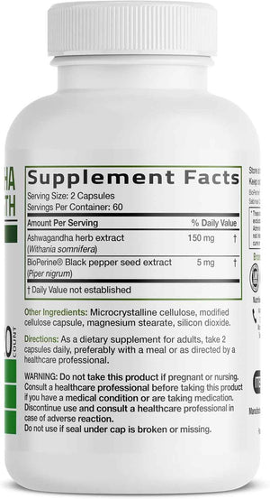 Bronson Ashwagandha Extra Strength Stress & Mood Support 120 Capsules - Vegetarian, Non-GMO, Gluten-Free, Soy-Free, BioPerine for High Absorption