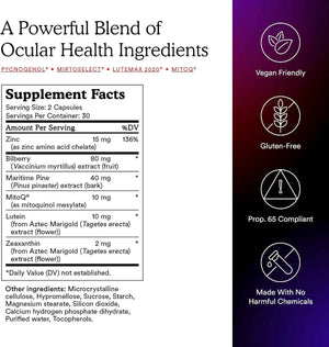 MitoQ +Eye - Eye Health Supplement with Lutein & Zeaxanthin (5:1 Ratio), Bilberry, Maritime Pine Bark, Zinc, Mitoquinol - Supports Macular Health, Visual Clarity & Blue Light Defense