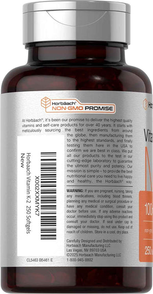 Horbäach Vitamin K2 MK7 100mcg - 250 Softgels - Non-GMO, Gluten Free Supplement