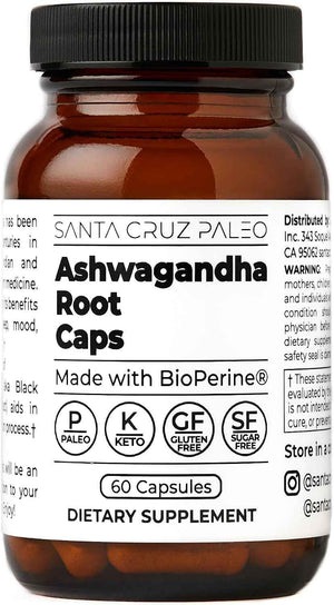 Santa Cruz Paleo Ashwagandha Capsules, 600mg Ashwagandha Root per Capsule, Gluten Free, Keto, Sugar Free, Paleo, Supports Energy, Focus, and Relaxation, BioPerine for Fast Absorption, 60 Capsules