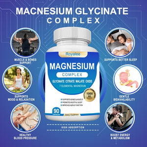 Magnesium Complex Supplement - 1000mg with 7 Magnesium Forms Including Glycinate, Citrate, Malate, Taurate & Orotate - Supports Relaxation, Muscle Function & Bone Strength - 90 Capsules Royalee buy supplements Au