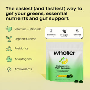 wholier Daily Supergreens Gummies, Greens Supplement with Prebiotics, Fiber, Adaptogens, Vegan Multivitamin, 9 Essential Vitamins + Minerals, 1g Sugar, 2 Gummy Serving (60 Gummies, 30 Day Supply) wholier buy supplements Au