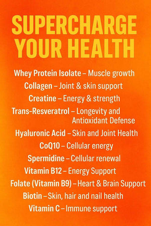 Vital Nutrition and Health All-in-One Powder: Protein, Collagen, Creatine, Resveratrol, Spermidine, Hyaluronic Acid, CoQ10 + Key Vitamins