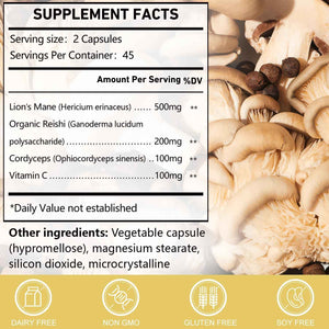 CANLIST Organic Mushroom Complex Capsules with Lion's Mane, Cordyceps, Reishi, Help for Cognitive Focus, Immune Support & Brain Health, Vegan, Non-GMO, 90 Capsules