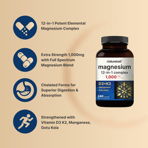 NatureBell 12-in-1 Magnesium Complex 1000mg, 4-Months Supply – Magnesium Glycinate, Citrate, Taurate, Malate, & More – High Absorption Formula for Men & Women – Chelated & Purified – 240 Capsules NatureBell buy supplements Au