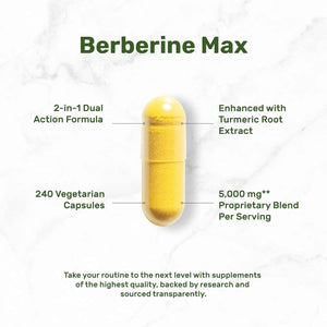 DEAL SUPPLEMENT Berberine Max Supplement with Turmeric, 5000 mg** Per Serving, 240 Vegetarian Capsules - Berberine HCl with Turmeric Root Extract - Non-GMO