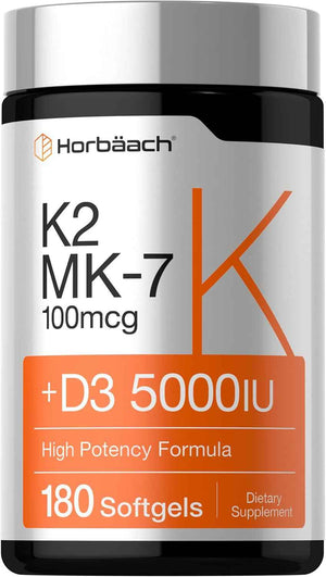 Horbäach Vitamin D3 K2 5000 iu - 100mcg MK-7 Complex - 180 Softgel Capsules - Non-GMO & Gluten Free Supplement