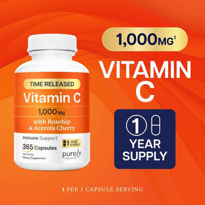 Vitamin C 1000mg, Immune Support, Timed-Release Capsules, 1 Year Supply - Vitamin C Supplement with Acerola Cherry & Rose Hips, Daily Antioxidant & Wellness Support, Vegan, Non-GMO, 365 Capsules