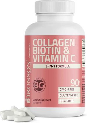 Bronson Collagen Peptides 3000mg with Biotin & Vitamin C, 90 Tablets - Hair, Skin & Nails Support, 3g Collagen per Serving, Non-GMO, Gluten-Free, Soy-Free
