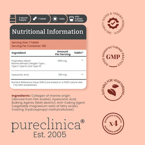 pureclinica 1500mg UltraColl Collagen (1200mg) and Hyaluronic Acid (300mg) x 180 Tablets - 6 Months Supply pureclinica buy supplements Au