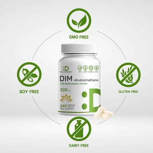 DIM Supplement 300mg with Black Pepper, 240 Vegetarian Caps, 4 Months Supply - 2-in-1 Dim Supplement for Women & Men - Diindolylmethane Plus Black Pepper Extract for Enhanced Absorption*